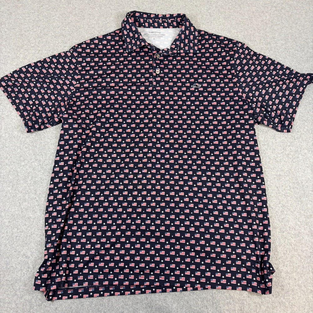 Vineyard Vines On the Go Sankaty Polo Shirt Mens XL Multicolor American Flag AOP